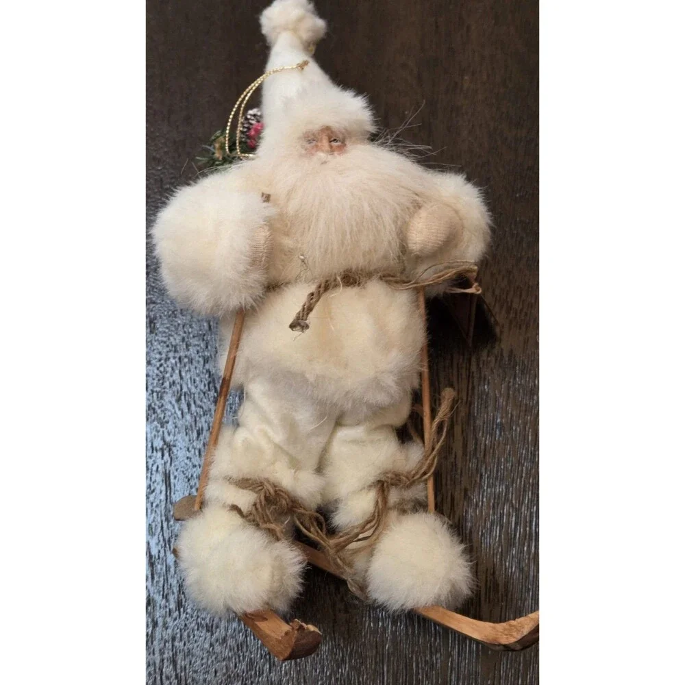 Vintage Santa skier skiing ornament for Xmas tree white father Xmas claws